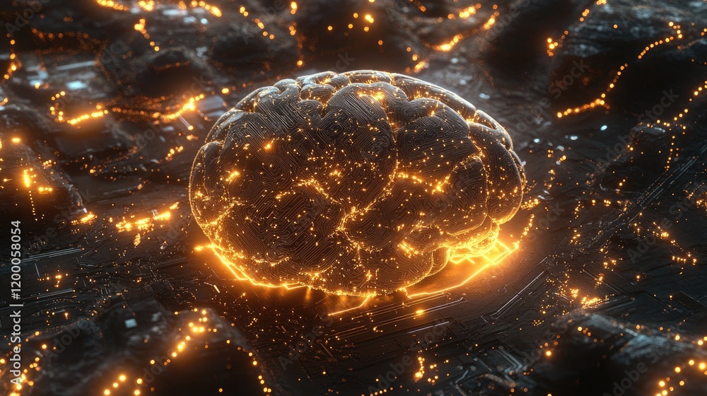 Poster illuminated brain circuitry resembling advanced technology