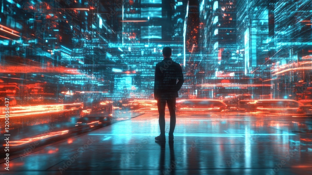 Poster futuristic cityscape man observing digital data streams