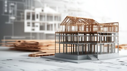 A detailed architectural model of a house under construction, showcasing a wooden frame and blueprints in the background.