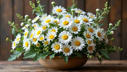 Obraz premium Beautiful bouquet of white daisies with yellow centers in a rustic vase, cheerful arrangement, copy space