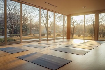 An empty modern yoga room with pilates flooring and mats featuring a large window and a spacious interior creating a serene and inviting atmosphere for relaxation and exercise