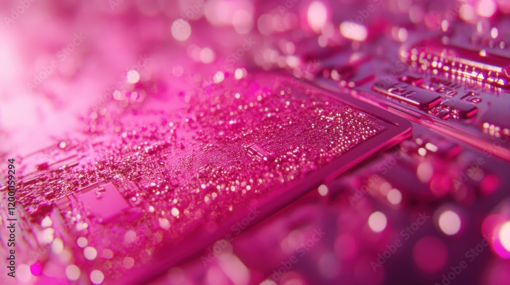 Poster close-up view of a vibrant pink circuit board with intricate details and glowing components
