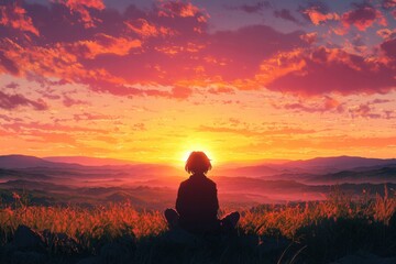 Obraz premium Traveler enjoys a stunning sunset while seated on a grassy hill at dusk near serene mountains. Generative AI