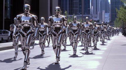 Obraz premium Chrome Robots Marching in City Streets: A Sci-Fi Scene