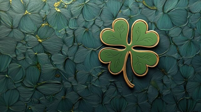 Green four-leaf clover on teal textured background, St. Patrick's Day greeting card