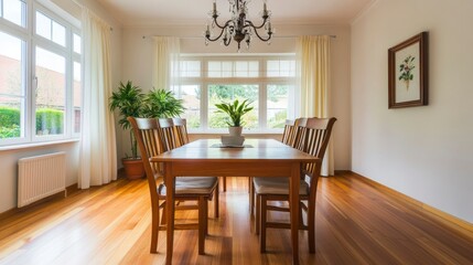 Fototapeta premium Bright Dining Room With Wooden Table And Chairs