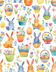 Simplified Easter pattern, saturated colors, featuring chicks, tulips, and woven baskets, playful cartoon style, festive spring atmosphere, with repeating motifs creating a joyful seamless design.