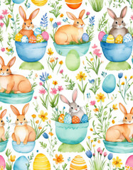 Simplified Easter pattern, saturated colors, featuring chicks, tulips, and woven baskets, playful cartoon style, festive spring atmosphere, with repeating motifs creating a joyful seamless design.
