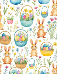 Simplified Easter pattern, saturated colors, featuring chicks, tulips, and woven baskets, playful cartoon style, festive spring atmosphere, with repeating motifs creating a joyful seamless design.