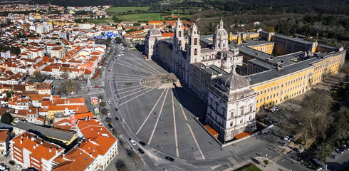 landmarks of Portugal and famous places. Mafra National Palace, barocco style. Unesco heritage site. High angle drone aerial view