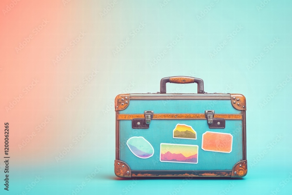 Poster retro suitcase adorned with colorful travel stickers against a stylish pastel backdrop evokes wander