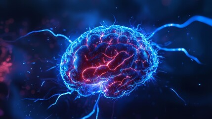 A glowing, digital representation of a brain with electric pulses, symbolizing thought, intelligence, and neural connections.