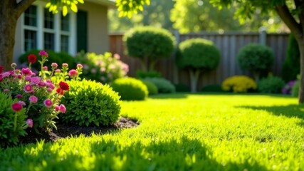 flowers on the lawn near the house