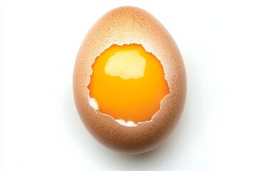Cracked Brown Chicken Egg with Vibrant Yolk Revealed, on White Background, Isolated View