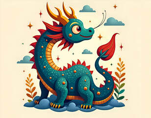 Fototapeta premium chinese dragon with a dragon | Colorful Cartoon Dragon Design with Fantasy Elements and Decorative