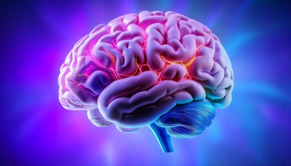 Fototapeta premium A vibrant, artistic representation of a human brain, illuminated with colorful lights against a purple background, symbolizing creativity and cognition.
