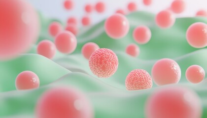 A close-up view of pink spheres on a green surface, representing microscopic cells or bacteria in a scientific context.