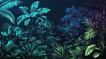 Lush tropical foliage at night, vibrant teal and purple hues.