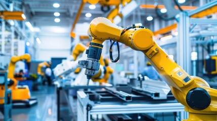 Fototapeta premium A state-of-the-art industrial robotics testing facility with engineers fine-tuning automated assembly processes using advanced robotic arms, Robotics testing facility scene