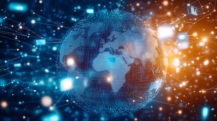 Abstract digital globe symbolizing global connectivity, featuring a network of connections and floating media content, illustrating the interconnectedness of modern communication technology