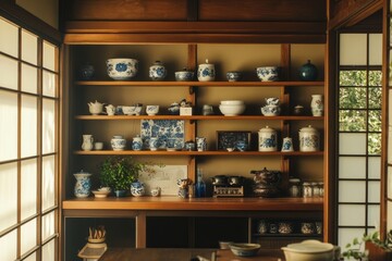 Wooden shelves display a collection of blue and white porcelain