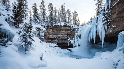 Frozen waterfall surrounded by snow-covered trees and icy cliffs in a winter wonderland