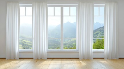Fototapeta premium Serene Mountain View Through Sheer Curtains In Bright Room