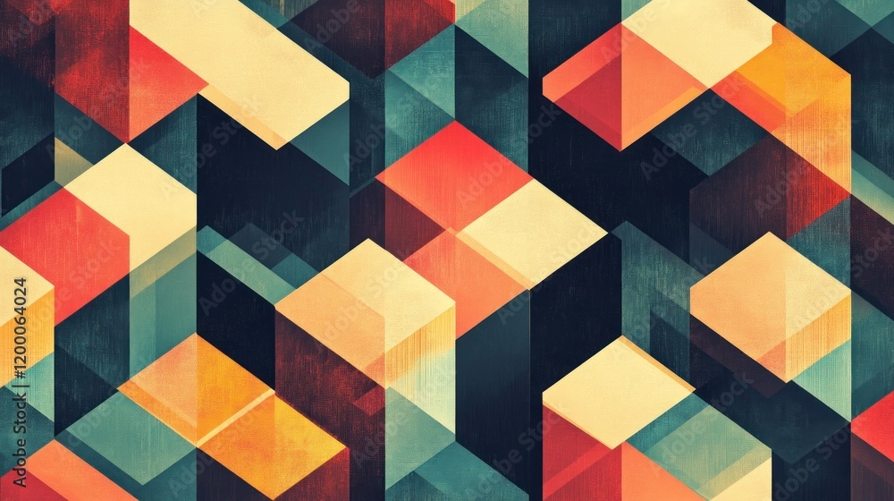 Poster abstract geometric pattern with textured cubes in warm and cool tones.
