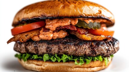 A delicious burger stacked with fresh ingredients including lettuce, bacon, and tomato, showcases the appeal of culinary art and gastronomic pleasure perfect for food lovers.