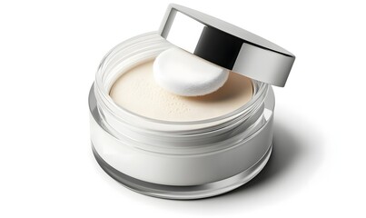 Loose powder in a jar with a puff applicator.