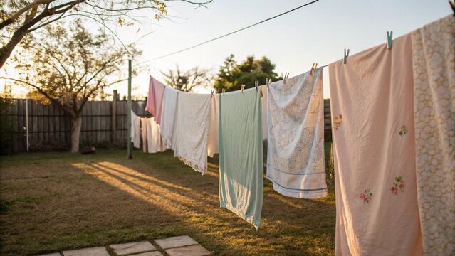 Ropa sec&aacute;ndose al aire libre en el patio trasero