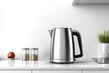 High-capacity electric kettle with a dual-layered design for insulation, set in a minimalist kitchen.
