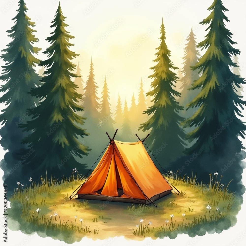 Poster the image is a digital illustration of a camping scene in a forest. in the center of the image, ther