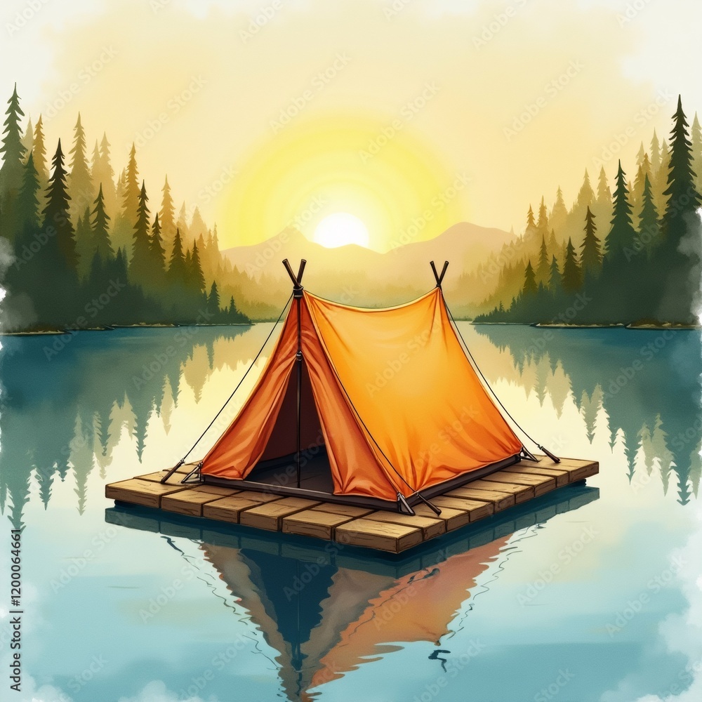 Poster the image is a digital illustration of a camping scene. it shows a tent set up on a wooden dock in t