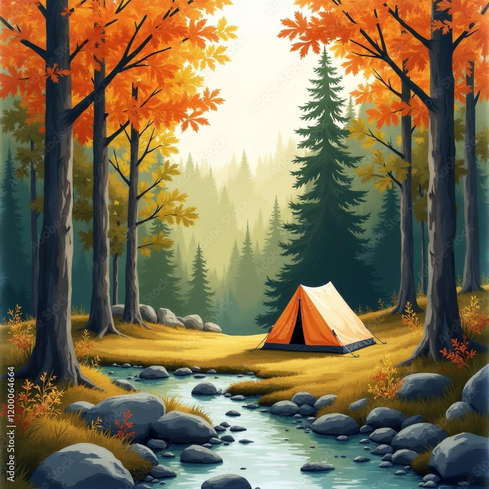 Poster the image is a digital illustration of a camping scene in a forest. the scene is set in the middle o