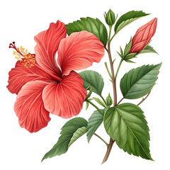 Vibrant Red Hibiscus Flower Illustration with Green Leaves, Exquisite Red Hibiscus Bloom with Lush Green Foliage, flower clipart, element