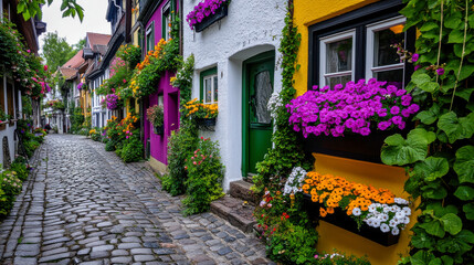 Obraz premium A vibrant cobblestone street in a European old town, featuring colorful facades and blooming flower boxes in warm afternoon light.