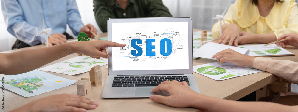 Poster seo search engine optimization for brisk e-commerce and online retail business showing on computer s