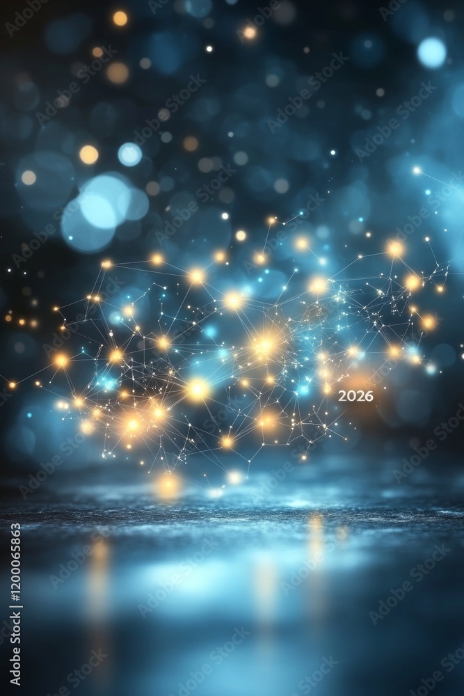 Poster abstract blue background with sparkling bokeh lights, shimmering particles, and a reflective surface