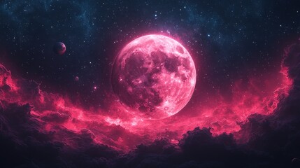 Pink planet, nebula, stars, cosmic landscape.