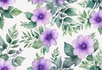 Pastel purple petals and green leaves in a delicate watercolor design, gentle, pattern, soft, flowers