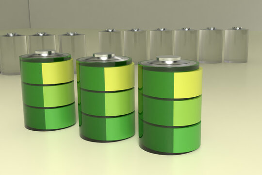 Conjunto de bater&iacute;as recargables. Concepto de energ&iacute;a. Ilustraci&oacute;n 3D