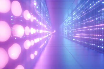 Futuristic gradient design transitioning from blue to purple with a digital grid and glowing details