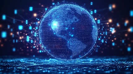 Obraz premium Abstract digital globe symbolizing global connectivity, featuring a network of connections and floating media content, illustrating the interconnectedness of modern communication technology