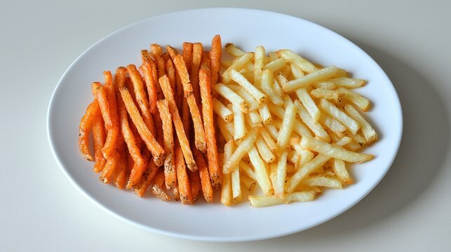 Sweet potato & regular fries on plate, kitchen counter.