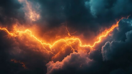 Fototapeta premium Fiery Lightning Bolts Crack Across Dark Storm Clouds