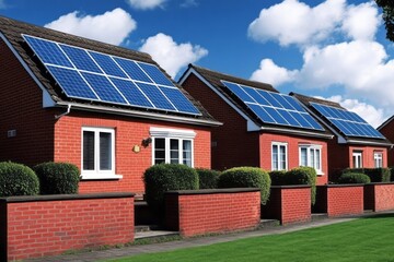 Row of modern red-brick houses with solar panels under blue sky, illustrating sustainable energy solutions in a suburban setting