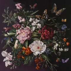 Fotobehang Vibrant floral arrangement featuring peonies, butterflies, and assorted blooms against a dark background © AI future