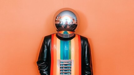 A futuristic figure in a colorful retro spacesuit against a vivid orange background, representing creativity and science fiction themes, photographed in a vibrant, whimsical style