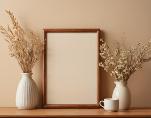 empty wooden picture frame closeup and vases with dry flowers and coffee cup on the table, home or office decor space, modern interior background.